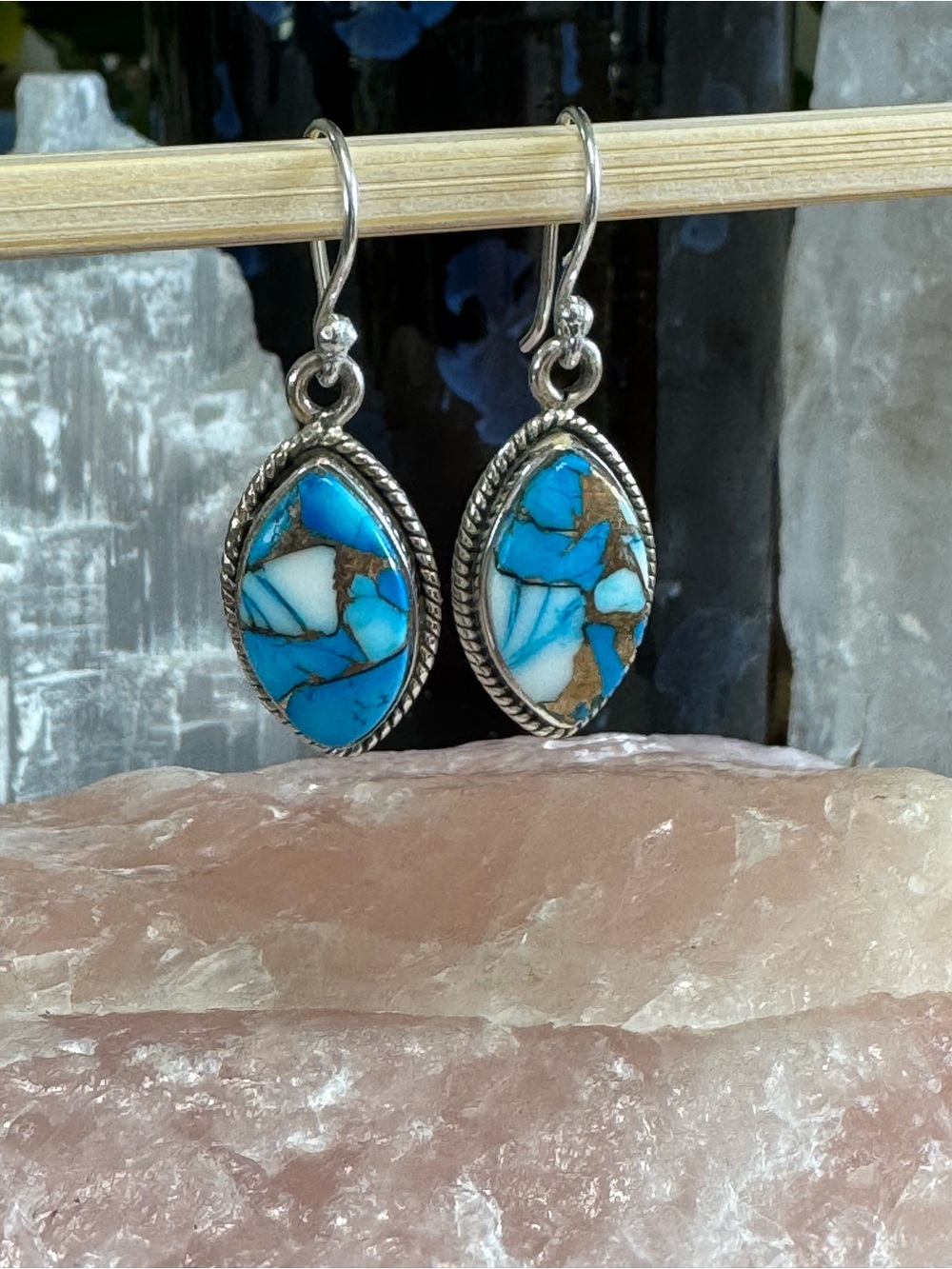 Ice Blue Dahlia Marquise Sterling Silver Drop Earrings - Kingman Stone